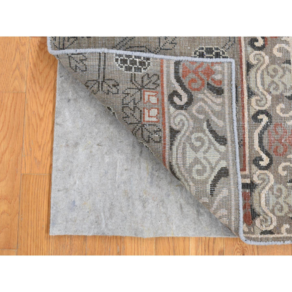 Brown Zero Pile Khotan and Samarkand Design Hand Knotted Mat Rug, 2'1"x2'2"