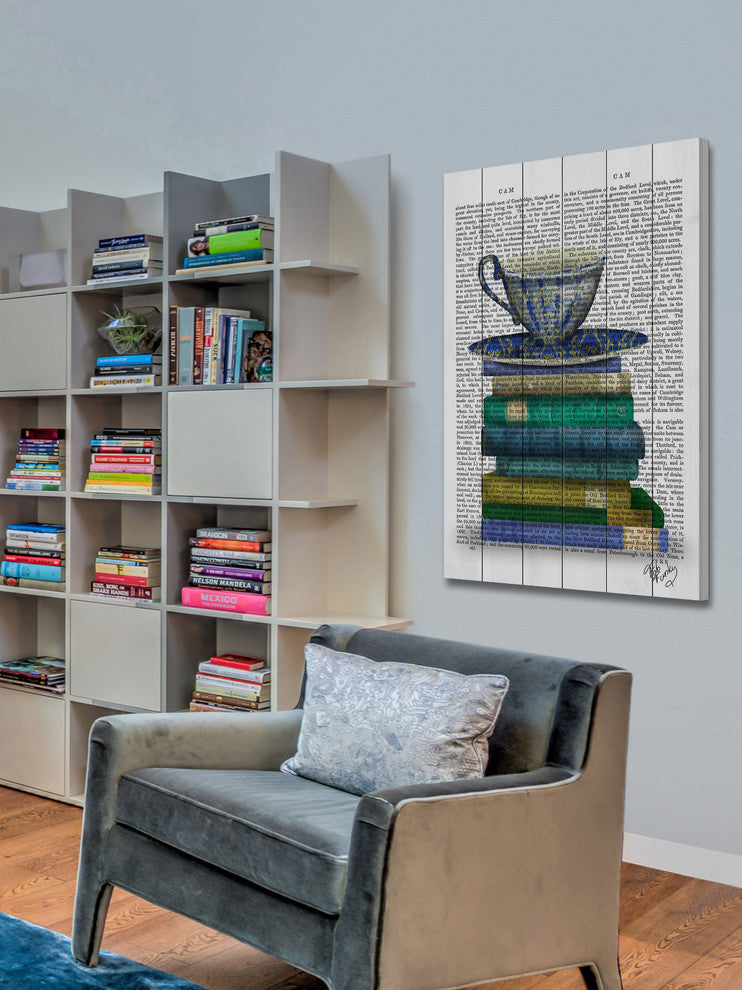 "Teacup and Books" Painting Print on White Wood, 12"x18"