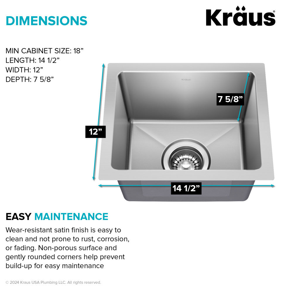 KRAUS Fairlane 15" Undermount 1-Bowl 18 Gauge Stainless Steel Kitchen Sink