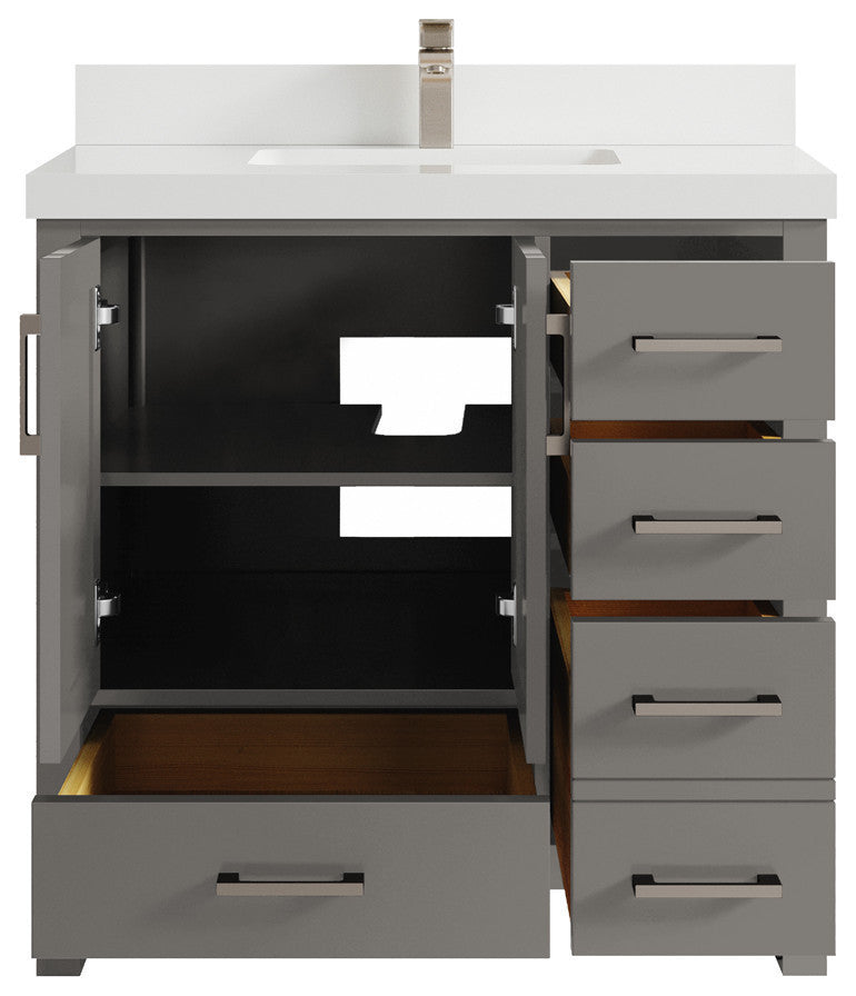 Malibu 36 Center Sink Bath Vanity in Elephant Skin Gray 2" White Quartz