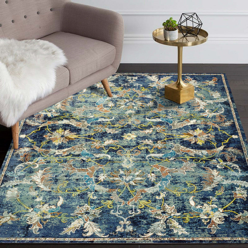 8' x 10' Blue and White Jacobean Pattern Area Rug