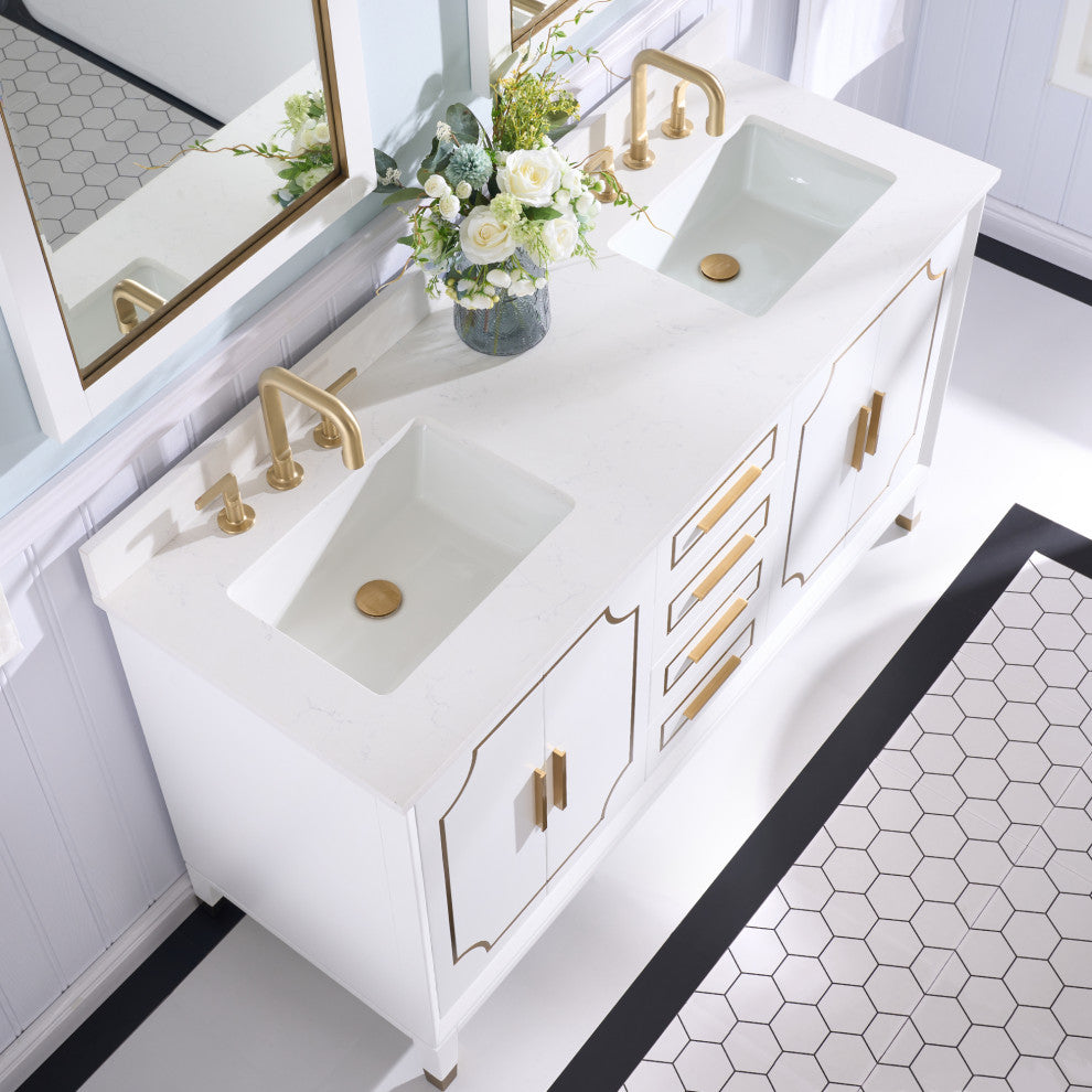 Melody Freestanding Bathroom Vanity with Wall Vanity Mirror and Quartz Top, White, 60"
