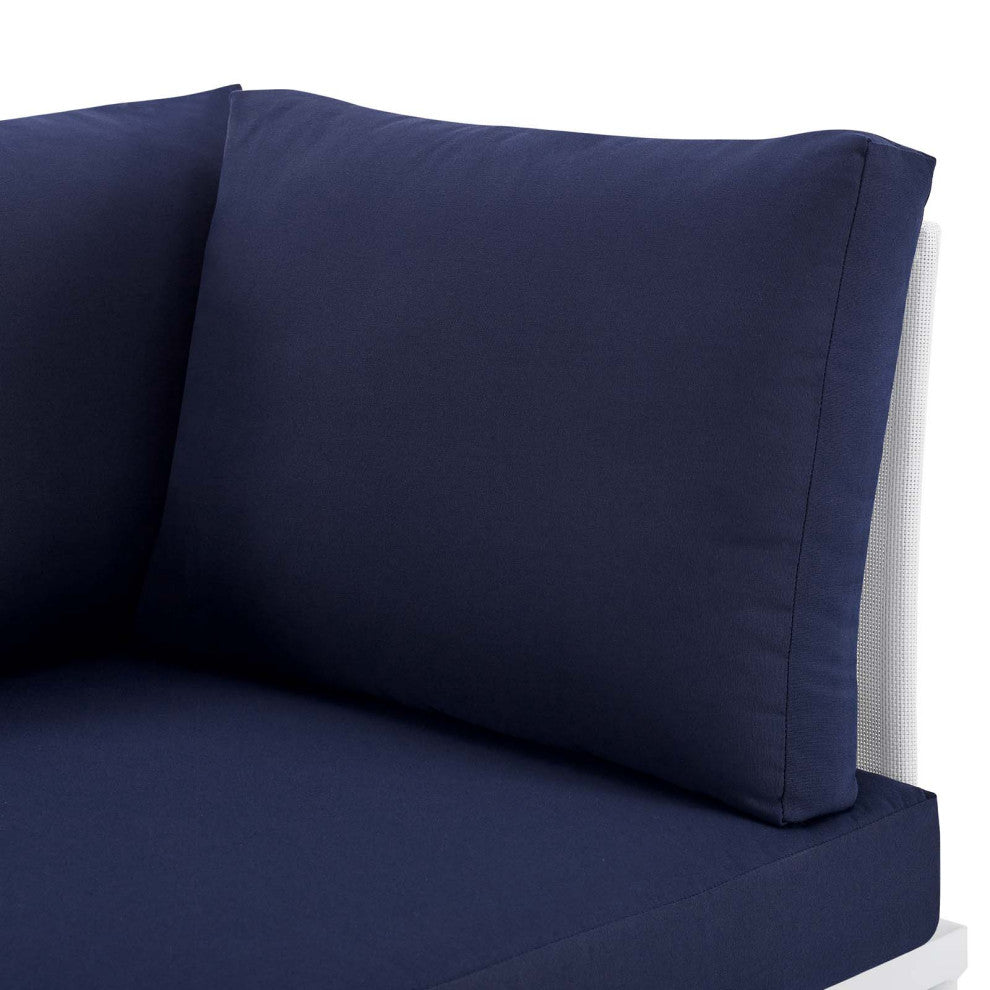 Sofa Corner Chair, Sunbrella, Aluminum, Metal, White Blue Navy, Modern, Outdoor