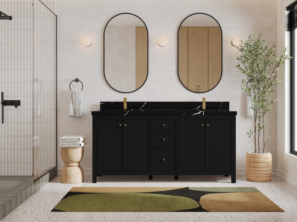 Chicago 72" Double Sink Bathroom Vanity, Black 2" Calacatta Black