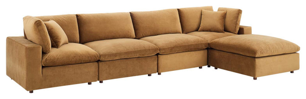 Commix Down Filled Overstuffed Performance Velvet 5Piece Sectional Sofa-Cognac