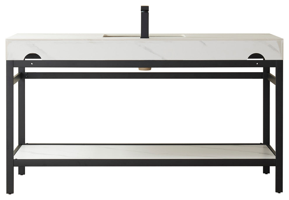 Funes Bath Vanity without Mirror, Matte Black Hardware, Double Sink, White Stone Top
