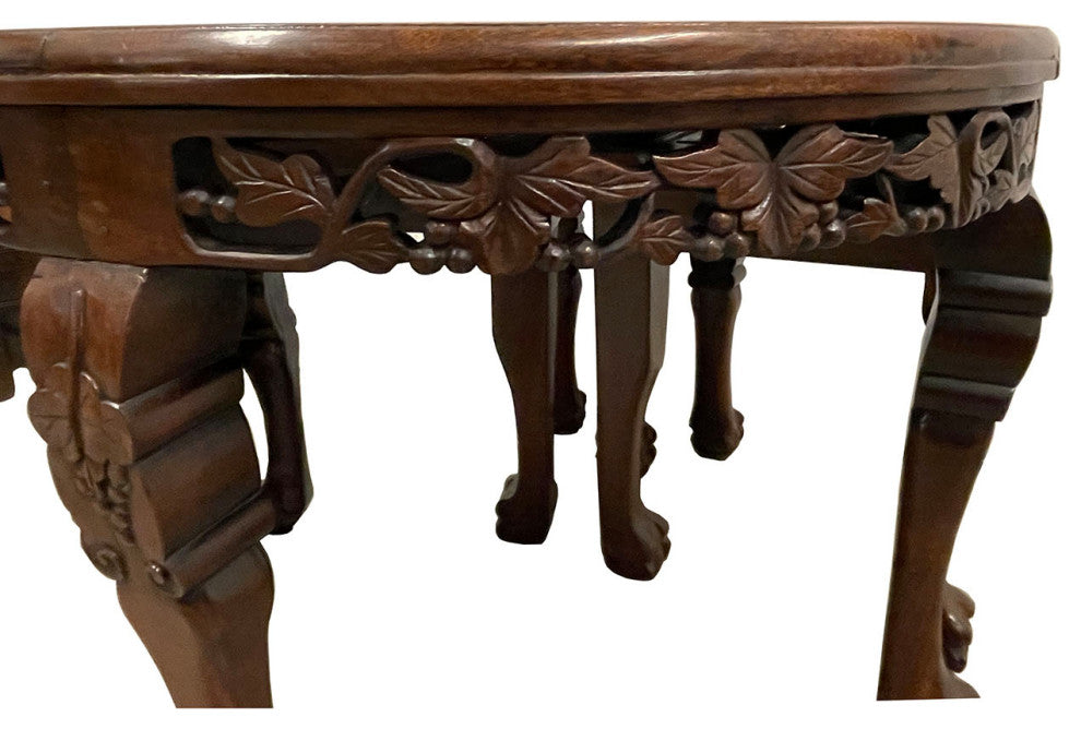 Consigned Antique Chinese Rosewood, Burl Wood Top Coffee Table w/4 Nesting stool