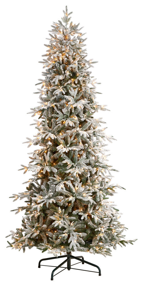 9.5' Flocked Manchester Spruce Faux Xmas Tree W/ 650 Lights & Bendable Branches