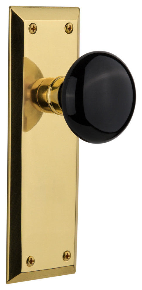 New York Plate Privacy Black Porcelain Knob, Unlacquered Brass