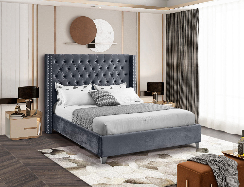 Ames Velvet Bed, Gray, Queen
