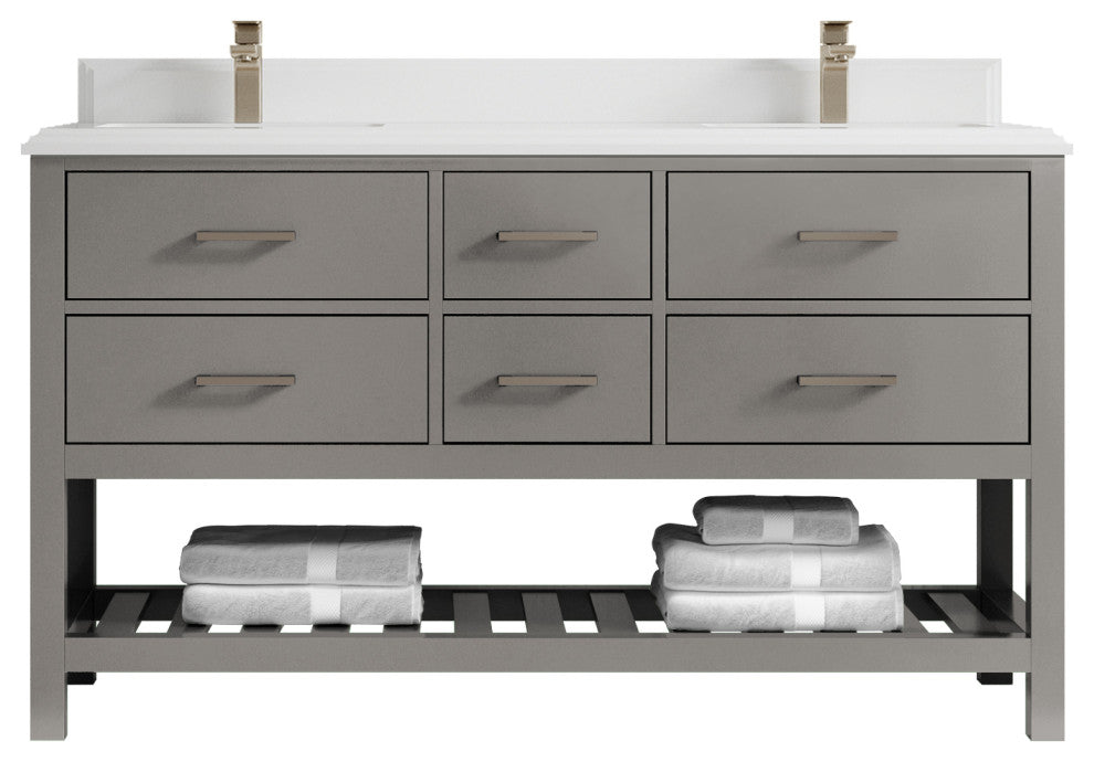 Parker 60 Double Sink Bathroom Vanity in Elephant Skin Gray  1.5" White Quartz