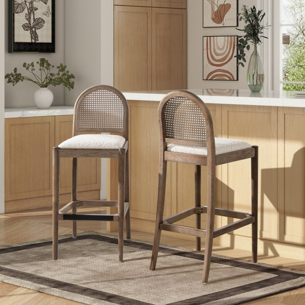 Panama Curved Back Cane Rattan Stool, Set of 2, Ivory White Boucle, 30" Bar Height