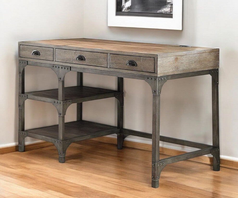 47"x24"x29" Weathered Oak and Antique Silver Desk