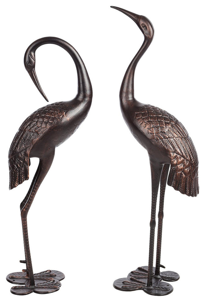 Bronze Garden Crane Pair Statue, Upright and Preening Set