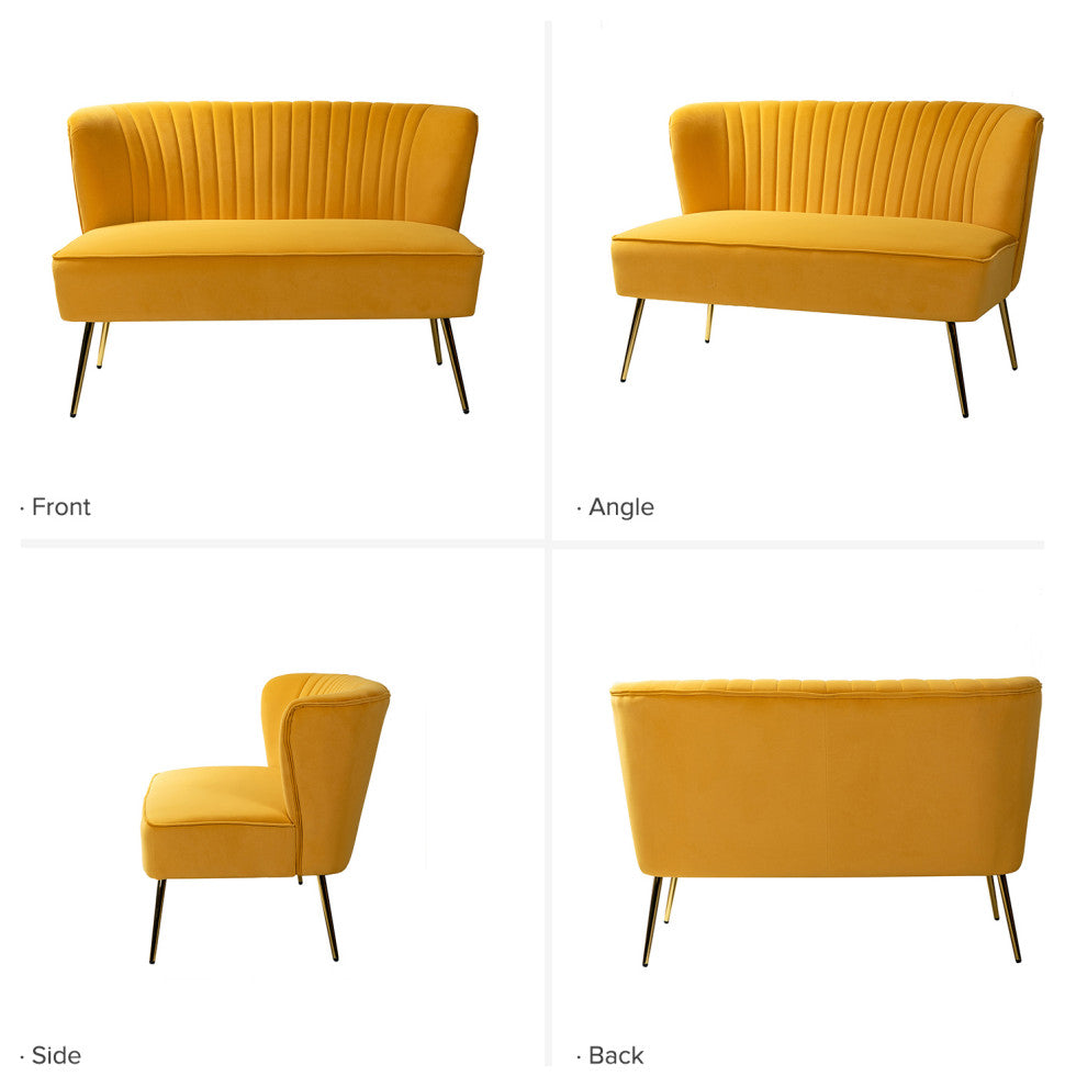 Velvet Tufted Loveseat Sofa With Golden Base, Mustard