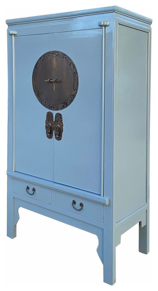 Chinese Oriental Light Blue Moon Face Tall Wedding Armoire Cabinet Hcs7084