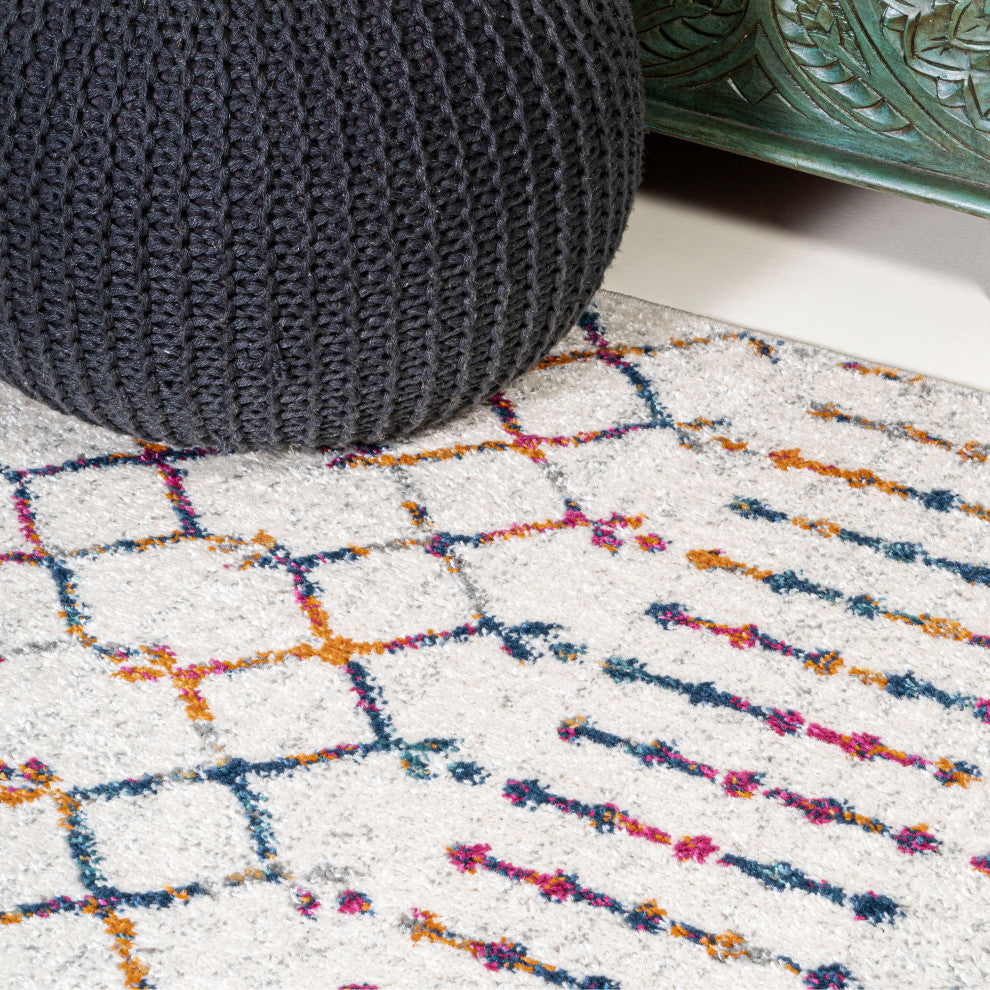 Moroccan HYPE Boho Vintage Diamond Runner Rug, Cream/Multi, 8 X 10