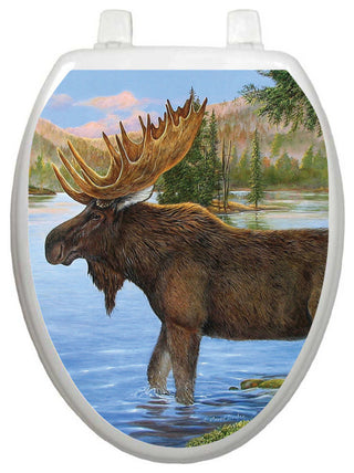 Majestic Moose Toilet Tattoos Lid Decal, Vinyl Bathroom Toilet Seat Cover, Elongated