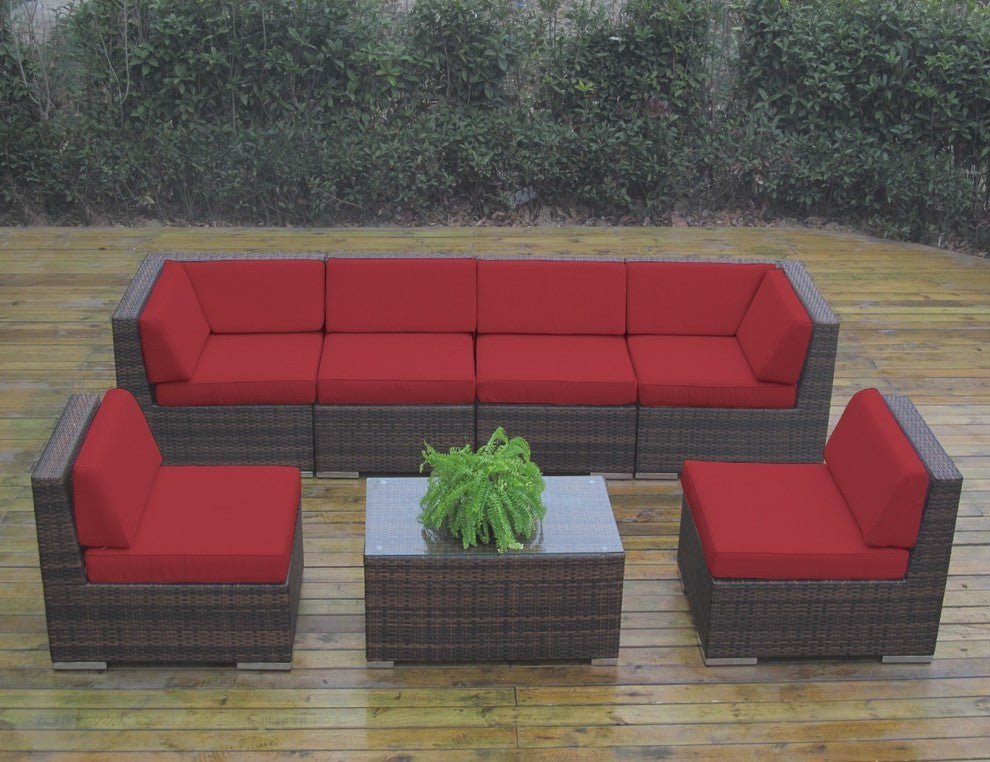 Ohana 7-Piece Deep Seating Sectional Set, Red Sunbrella, Brown Wicker