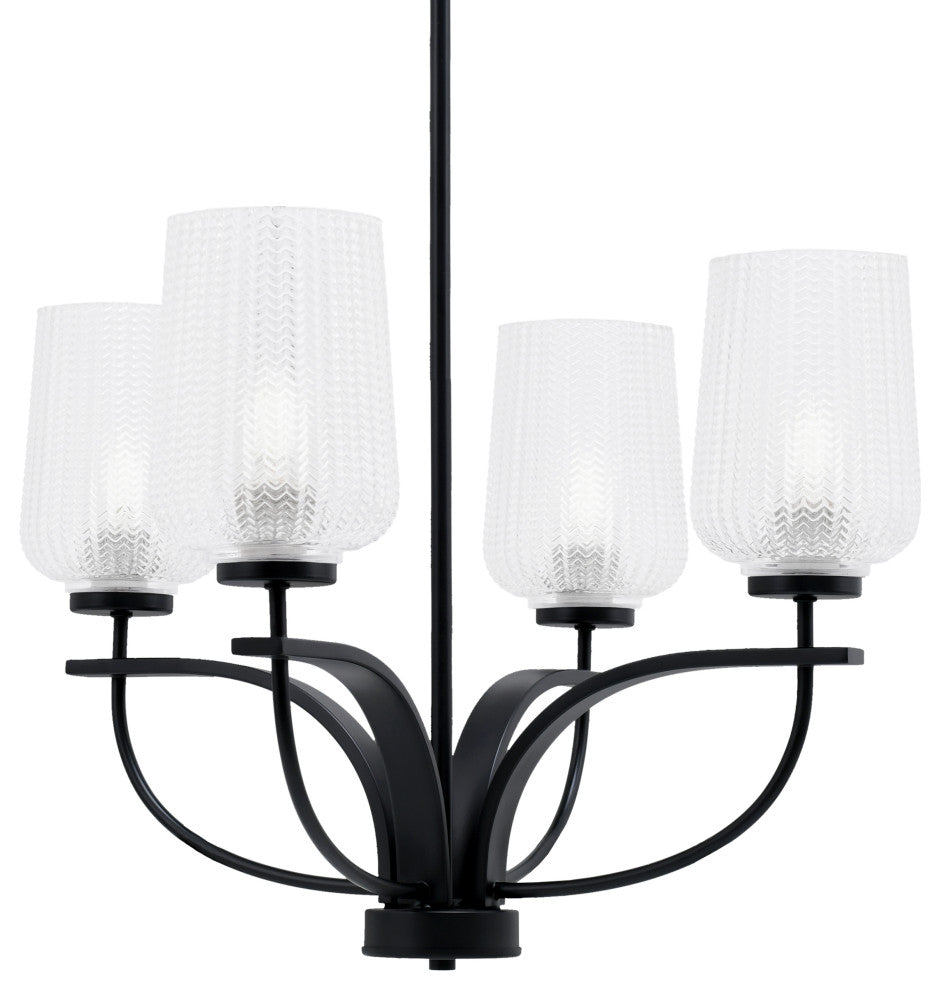 Cavella 4 Light Chandelier, Matte Black Finish, 5" Clear Textured Glass