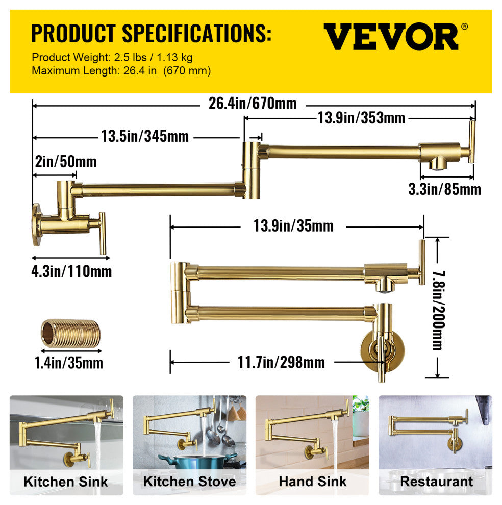 VEVOR Pot Filler Faucet Solid Brass Wall Mount Kitchen Faucet 26.4", Brushed Gold