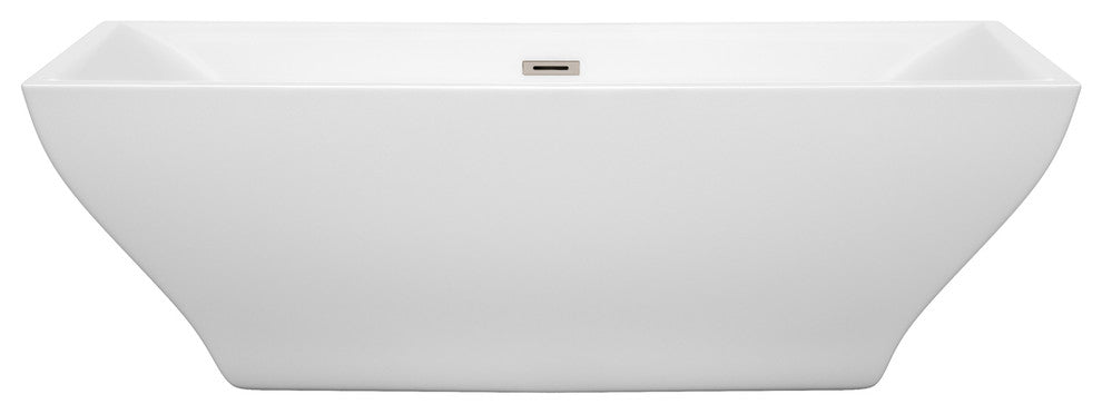 Maryam 71" Freestanding White Bathtub, Brushed Nickel Drain and Overflow Trim