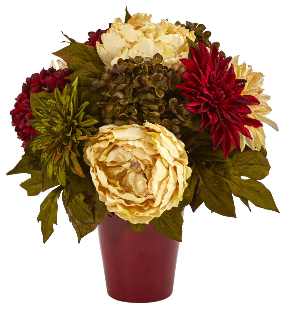 14" Peony, Hydrangea and Dahlia Artificial Arrangement, Burgundy Vase