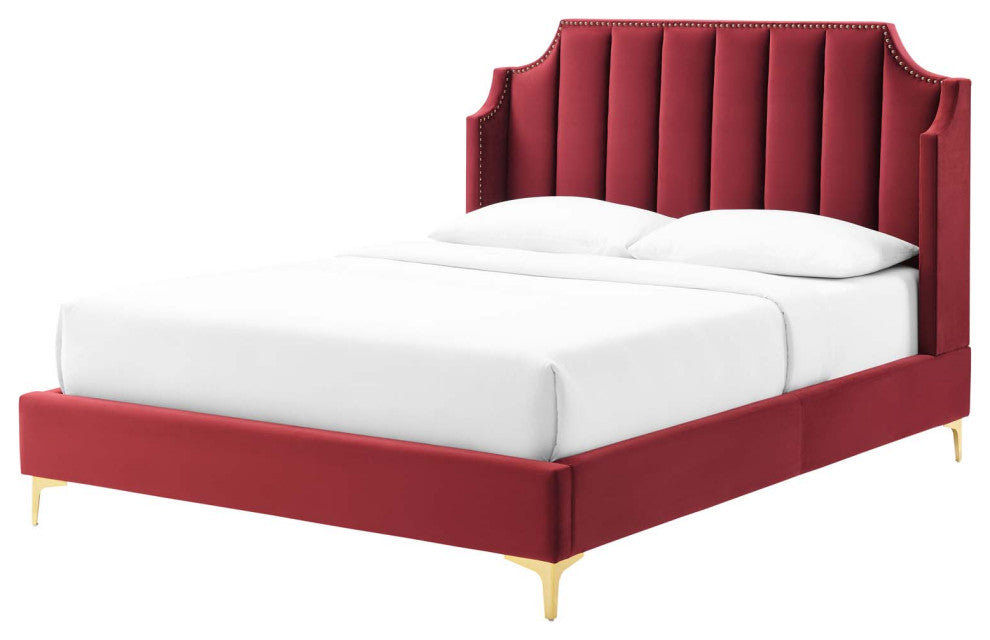 Platform Bed Frame, Queen Size, Velvet, Red, Modern Contemporary, Bedroom Master