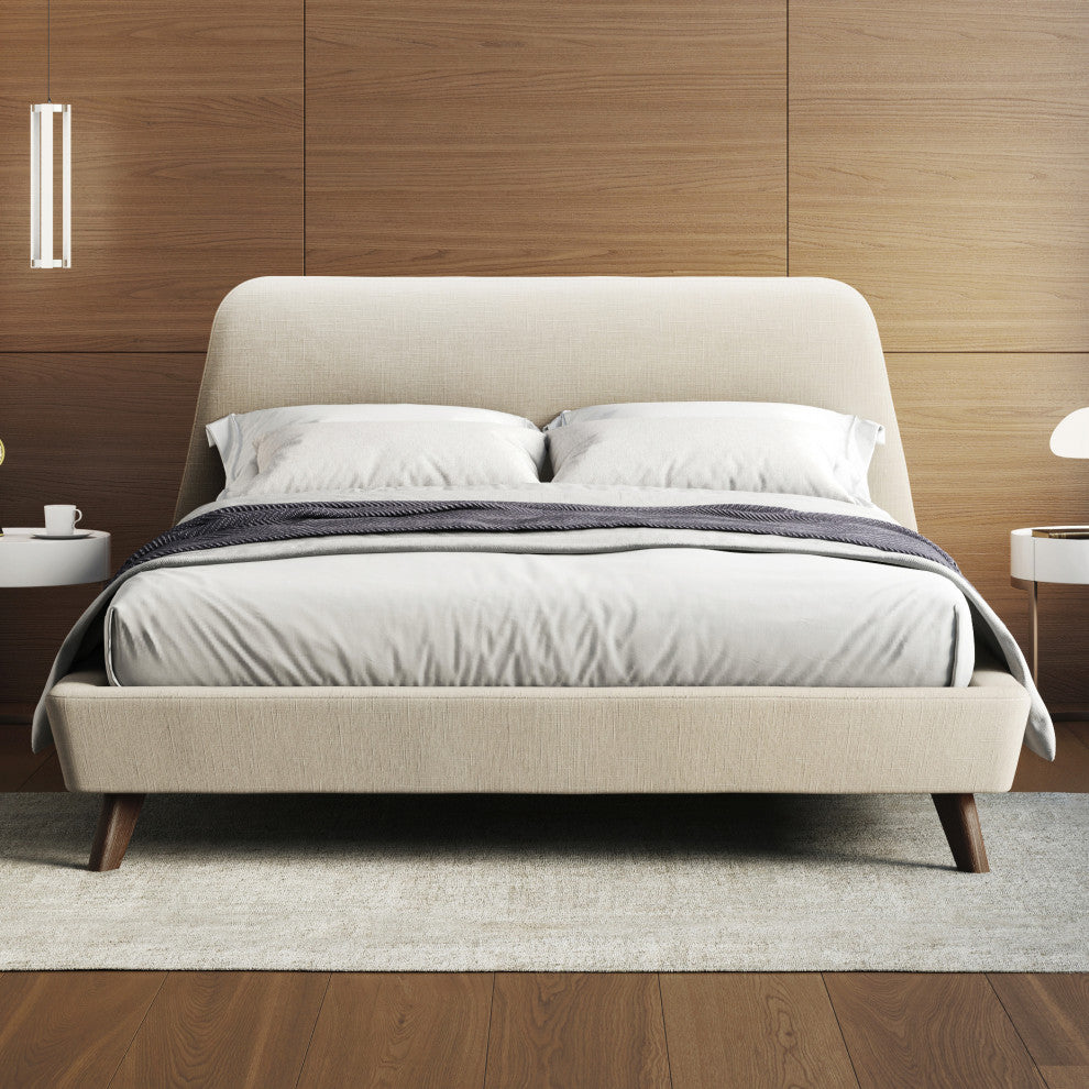 Henry Mid-Century Modern Upholstered Platform Bed, Beige, Queen