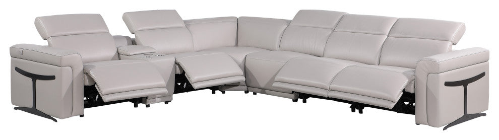 Giovanni 7-Piece 4-Power Reclining Italian Leather Sectional, Light Gray