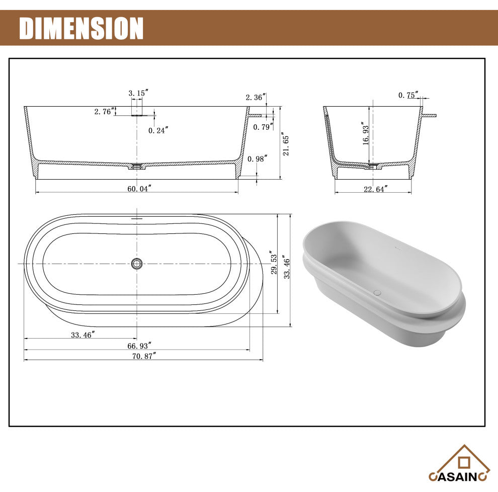 71in Solid Surface Freestanding Bathtub in Matte White