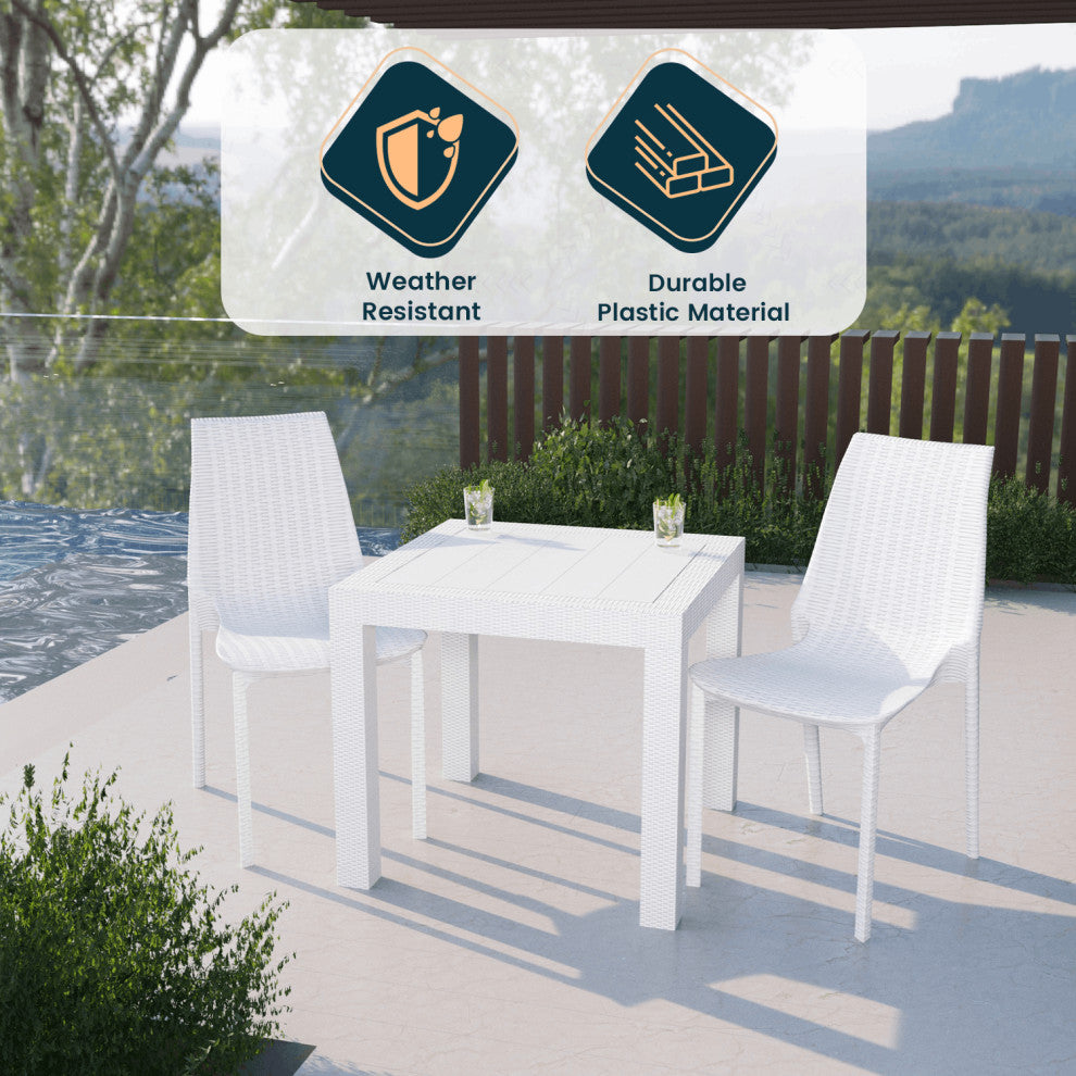 LeisureMod Kent Weave Design 3-Piece Outdoor Patio Dining Set, White