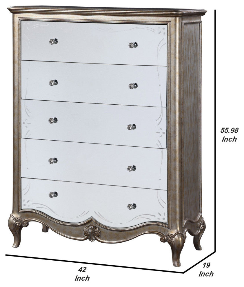 Benzara BM251275 Chest With Mirror Front and Molded Trim, Antique Silver