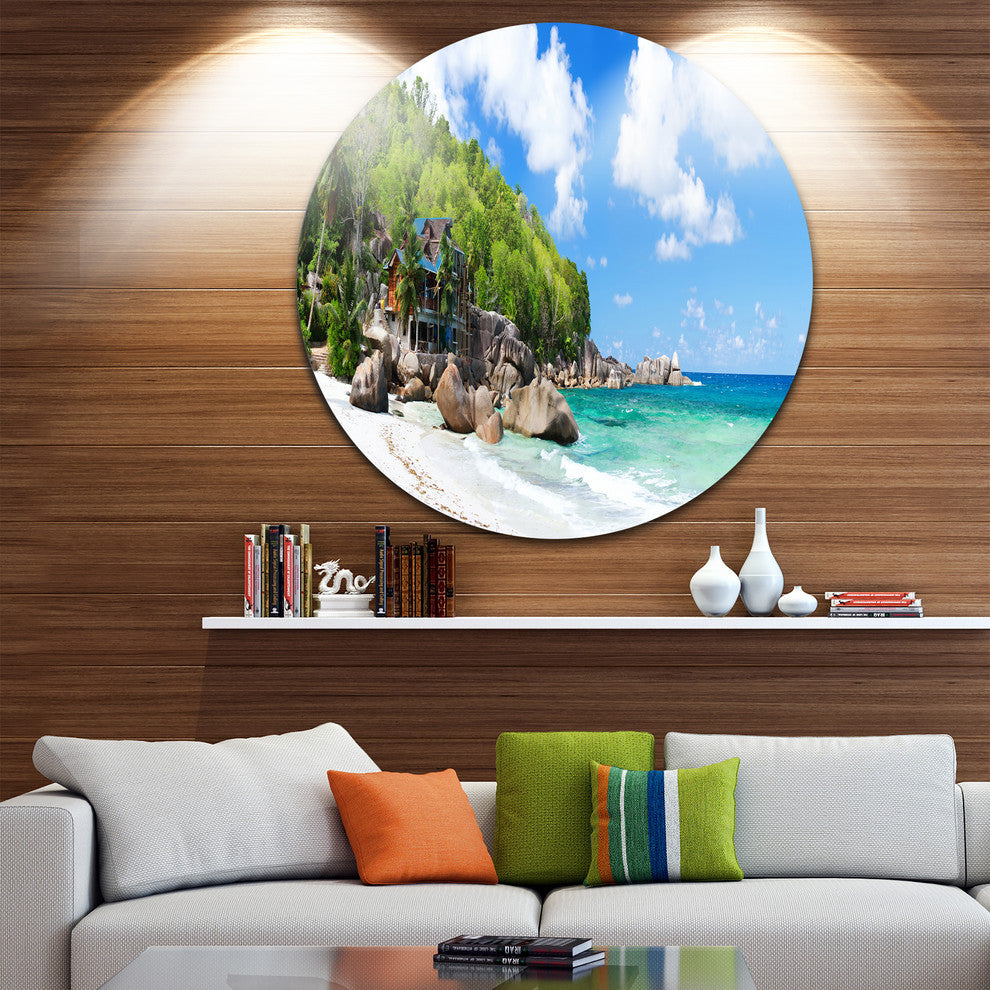 Takamaka Beach In Mahe Island, Modern Seascape Round Wall Art, 36"