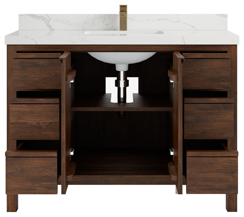 Elizabeth 48 Single Sink Bath Vanity in Dark Walnut Teak 2" Calacatta Laza