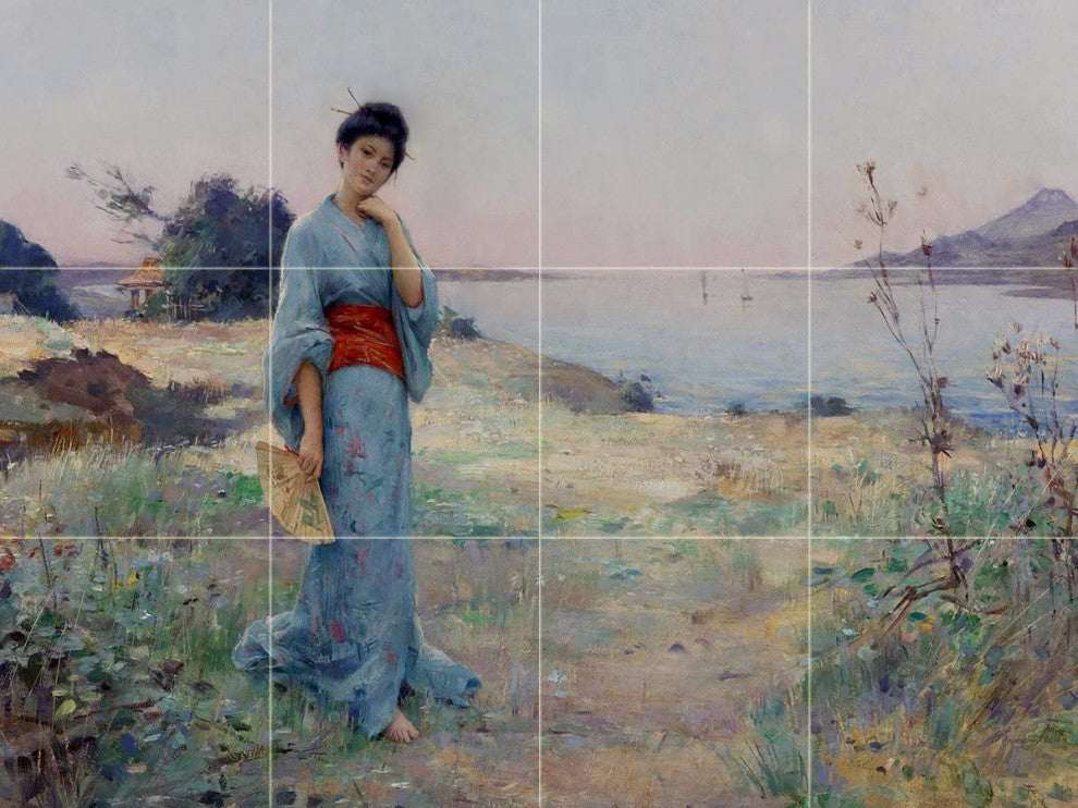 Tile Mural THE BLUE KIMONO girl chinese Backsplash Four Inch Marble