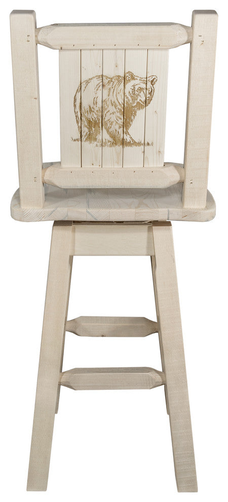 Homestead Bar Stool, Back and Swivel, Laser Engraved Bear, Lacquered