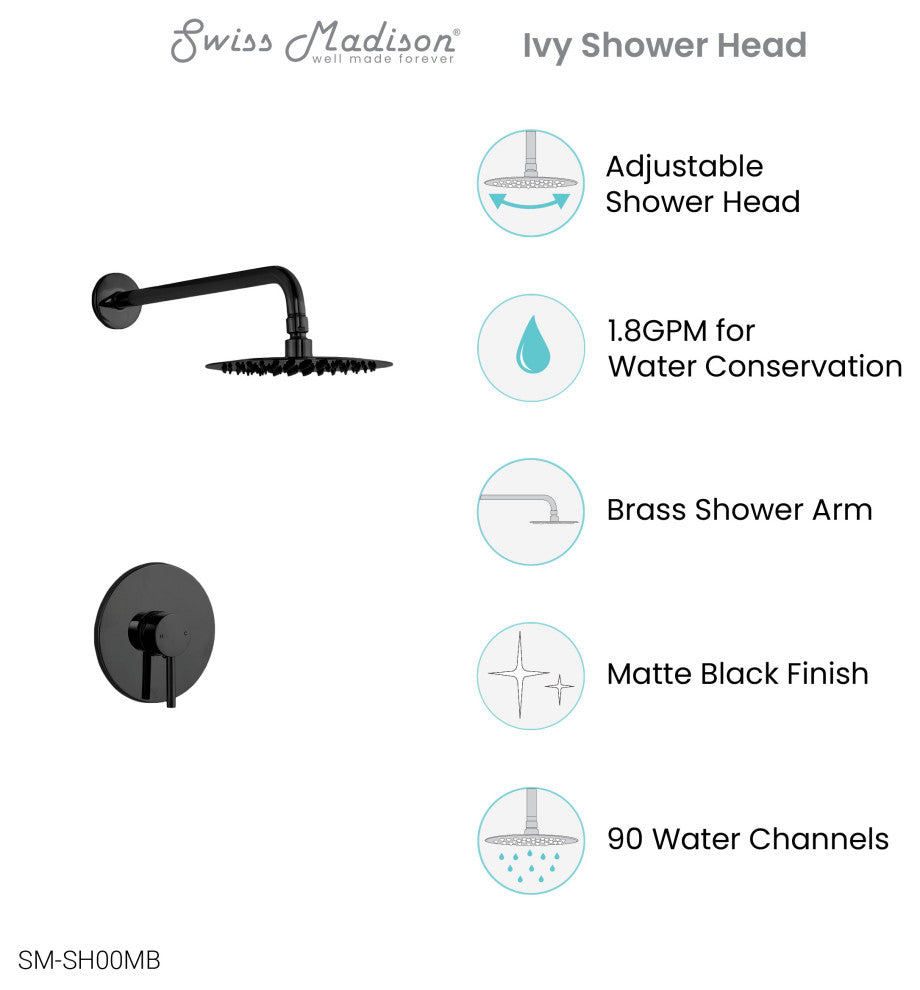 Ivy Single-Handle 1 Spray 8" Wall Mounted Fixed Shower Head, Matte Black