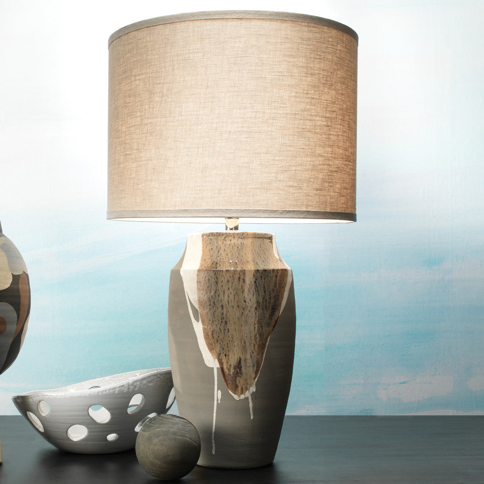 Landslide Table Lamp, Matte Gray Ceramic, Beige and White Drip