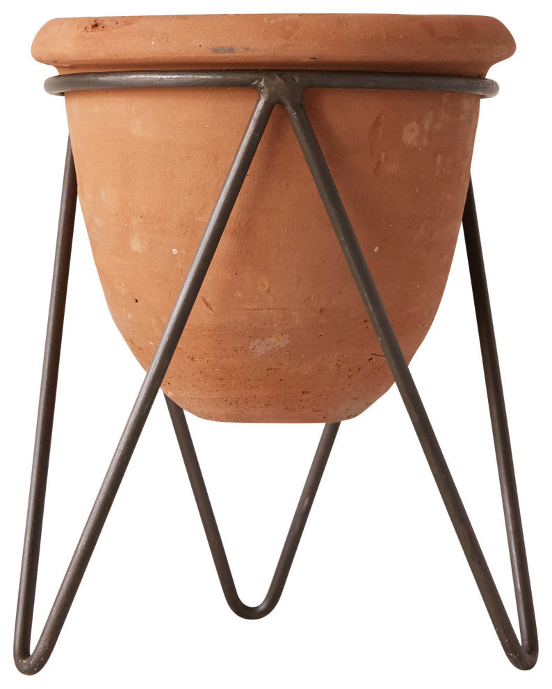 Terracotta Pot With Metal Stand, 2-Piece Set