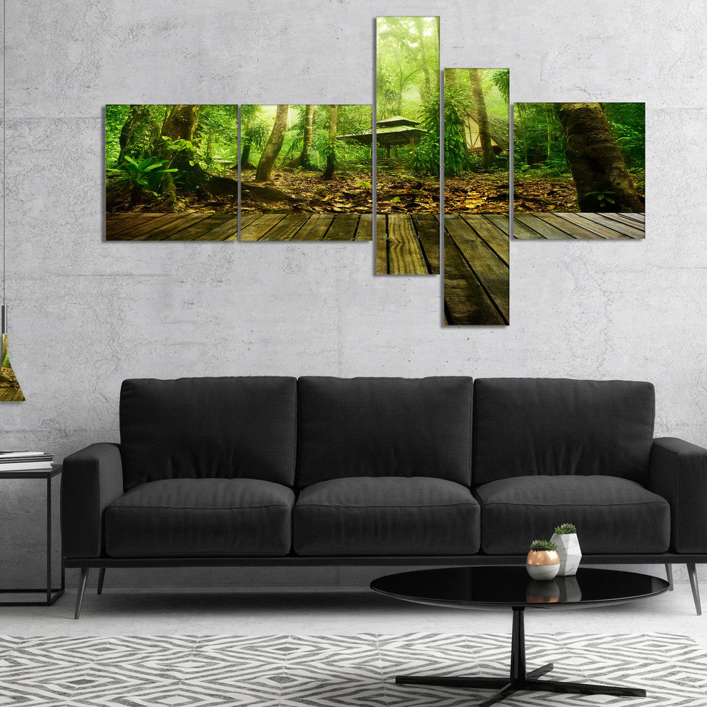 Wooden Platform in Green Forest, Landscape Photo Canvas Print, 60"x32", 5 panels