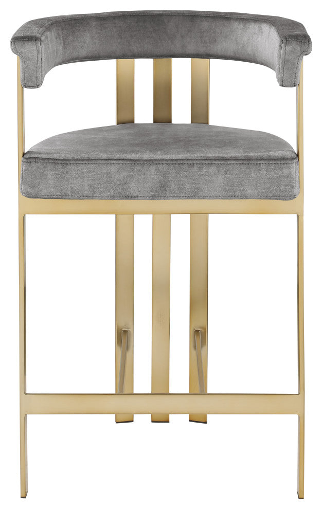 Marcello Upholstered Counter Stool, Gray, Velvet, Brushed Brass