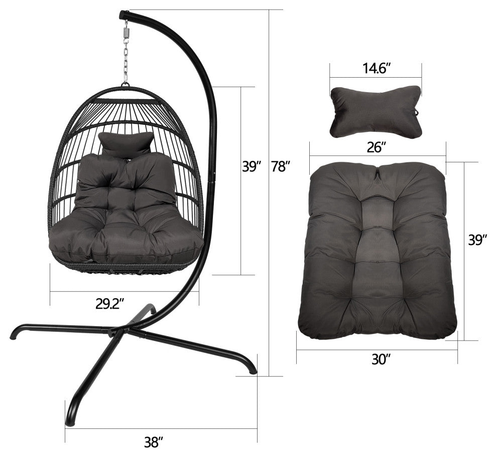 Outdoor Rattan Swing Chair Hanging Egg Chair With Cushion and Pillow, Dark Gray