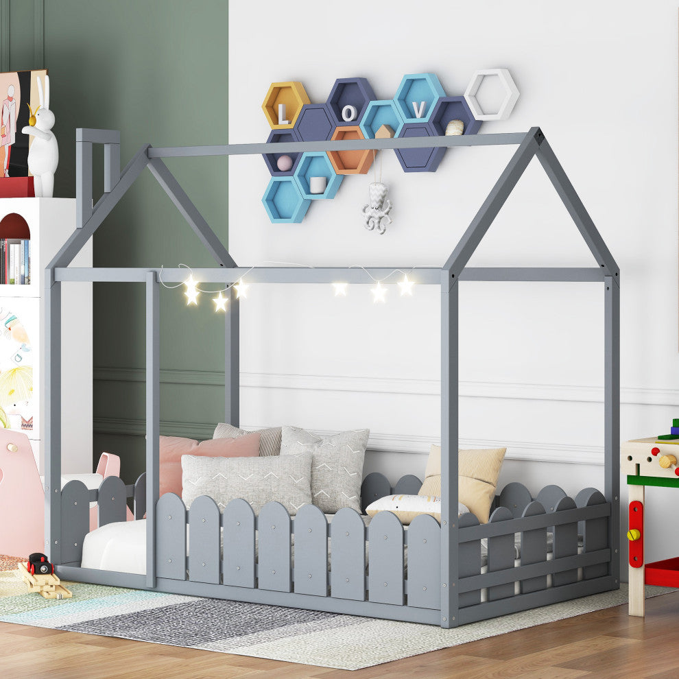 Gewnee Twin Size Wood House Bed with Fence in Gray