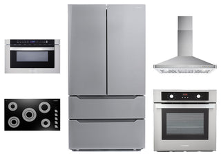 5PC, 36" Cooktop 36" Range Hood 24" Wall Oven 17.3" Microwave & Refrigerator