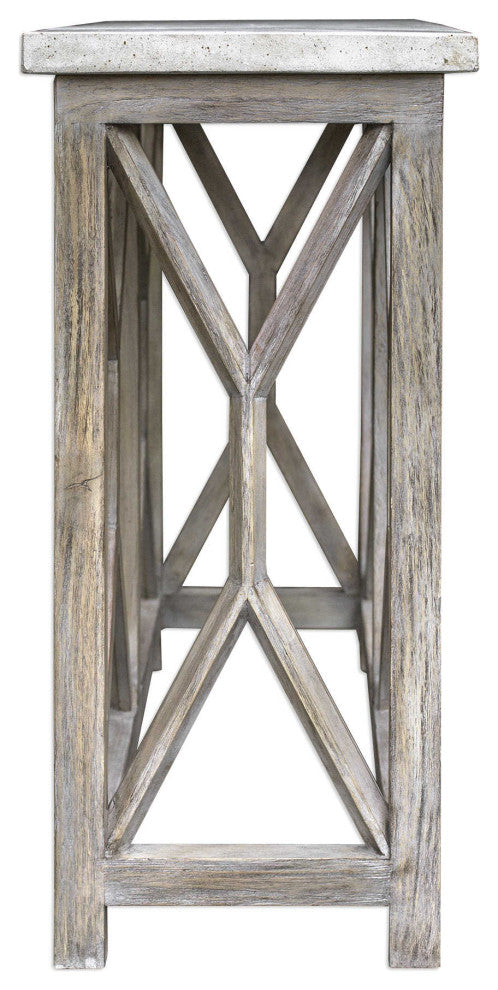 Open Light Weathered Wood Console Table, Stone Top X Natural