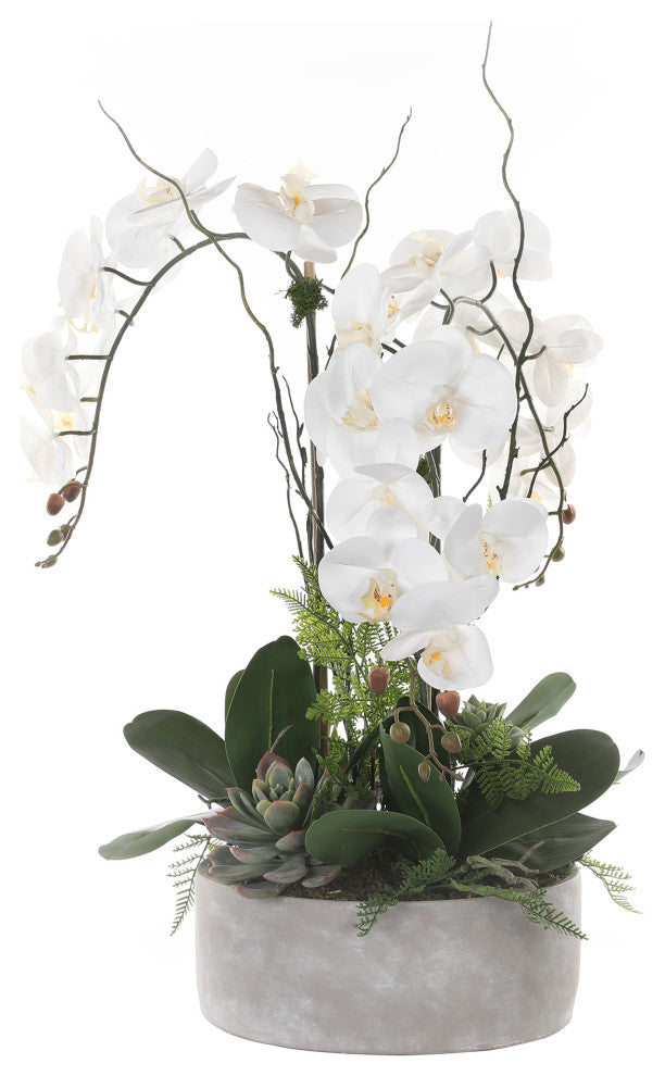 Real Touch Orchid Arrangement, Stone Round Cement Pot