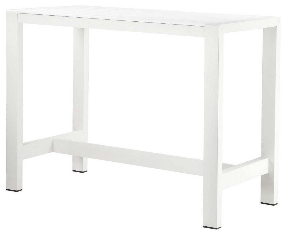 Benzara BM287806 Outdoor Bar Height Table, White Aluminum Frame, Plank Surface