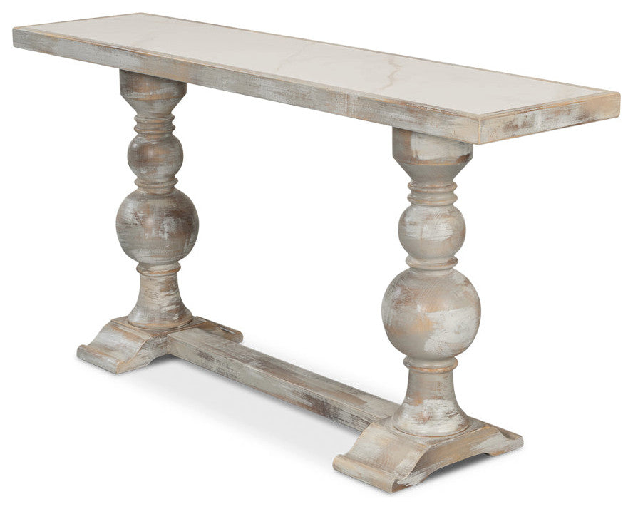 Double Pedestal Console Table Distressed White Solid Wood