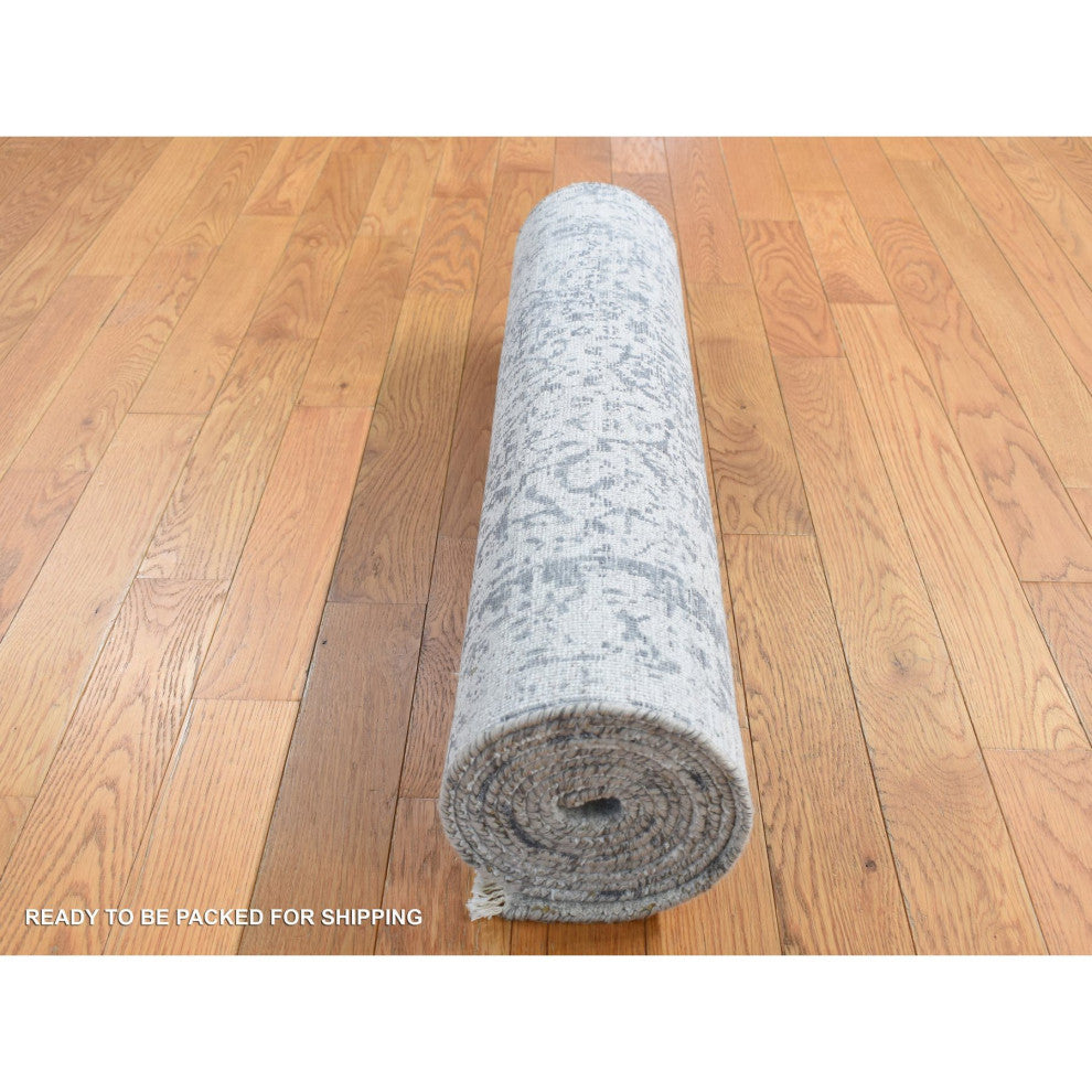 Gray Hand Knotted Erased Persian Design Wool and Silk Runner Rug 2'7"x7'10"